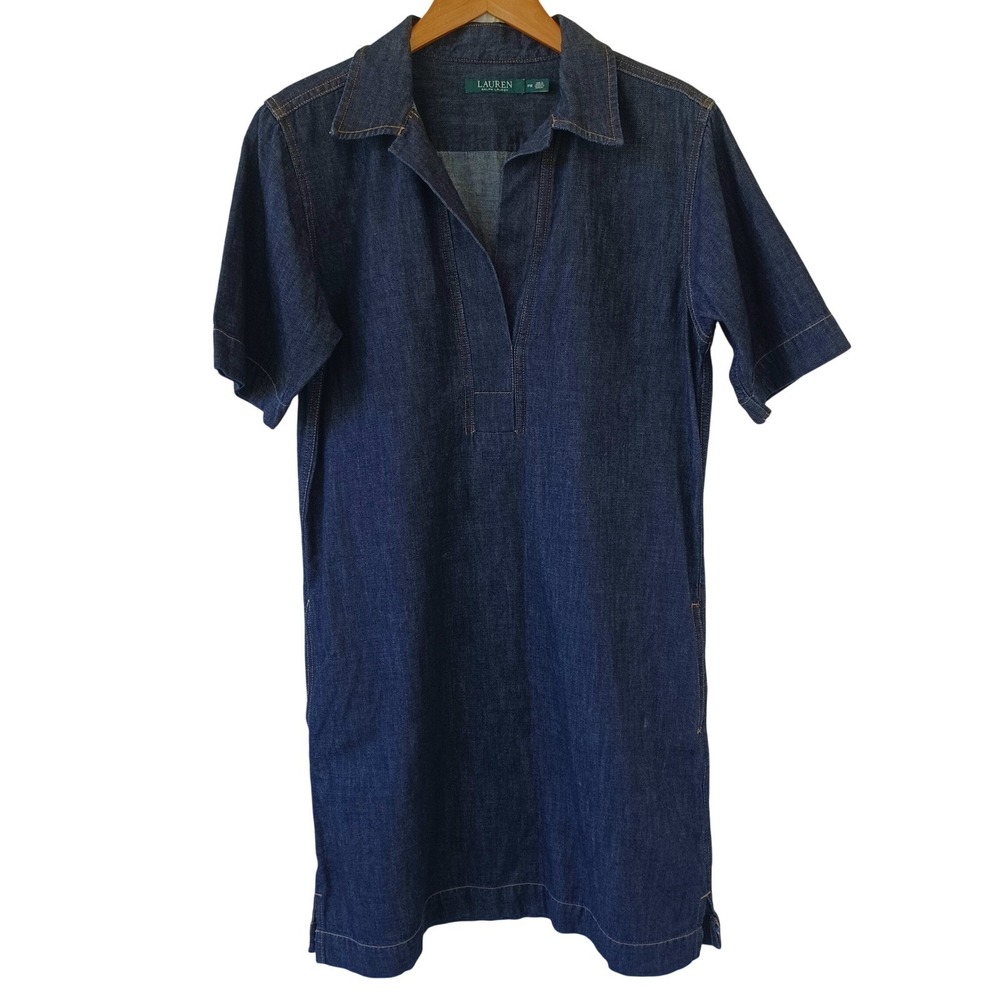 Lauren Ralph Lauren Womens Petite Medium Dark Wash Denim V-Neck Shift Dress PM - Picture 2 of 12